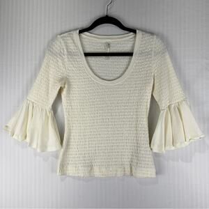 Anthropologie Women’s Scoop Neck Smocked Bell-Sleeve White Blouse Size X-Small